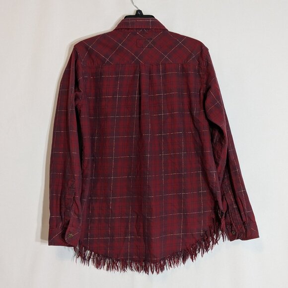 CURRENT ELLIOTT Red/Purple Plaid Flannel Long Sleeve Shirt w Fringe; Size M - Picture 2 of 4